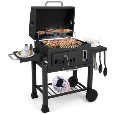 Barrel Charcoal Grill with Folding Side Tables