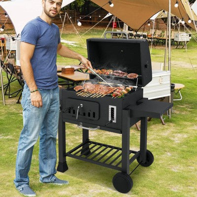 Barrel Charcoal Grill with Folding Side Tables