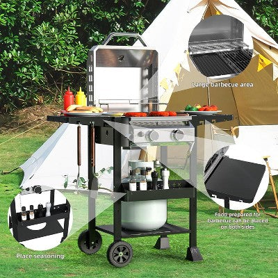 Portable Two-Burner Propane Grill with Folding Shelves